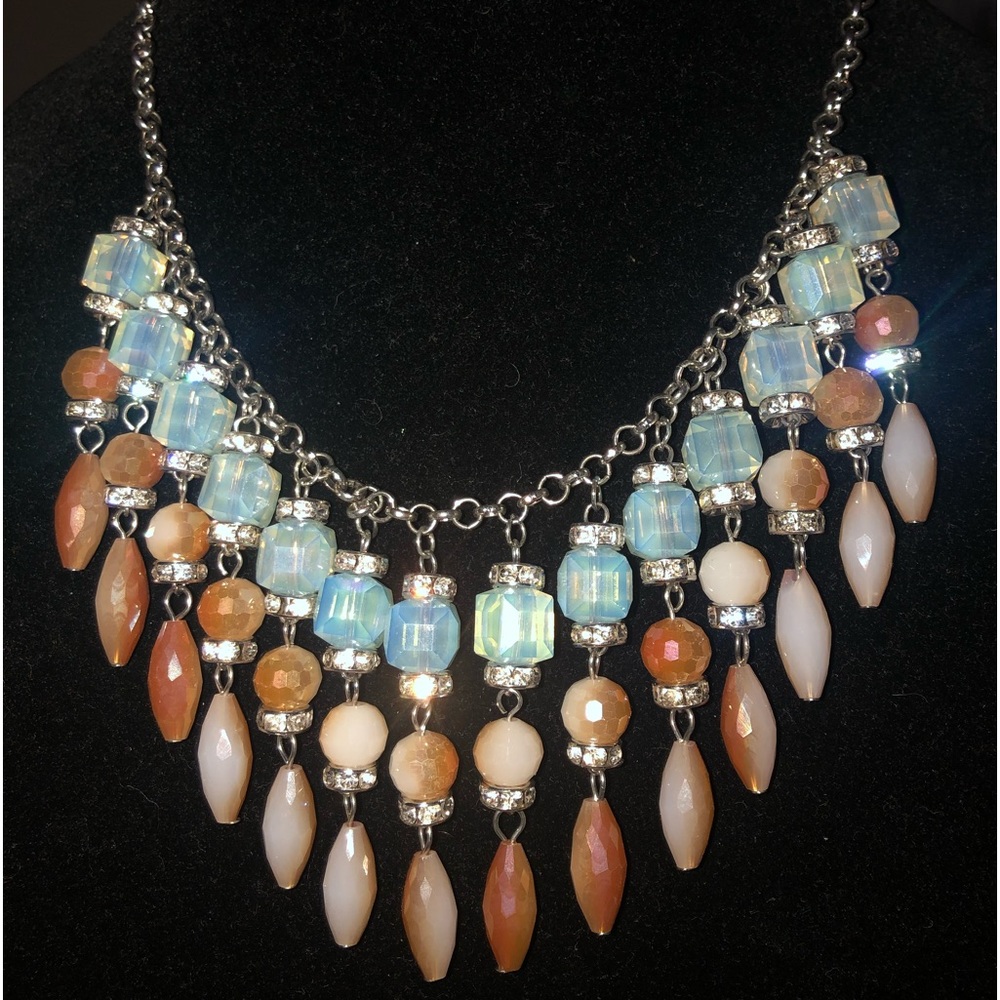 Champagne and White Glass, Austrian Crystal Necklace in Stainless Steel